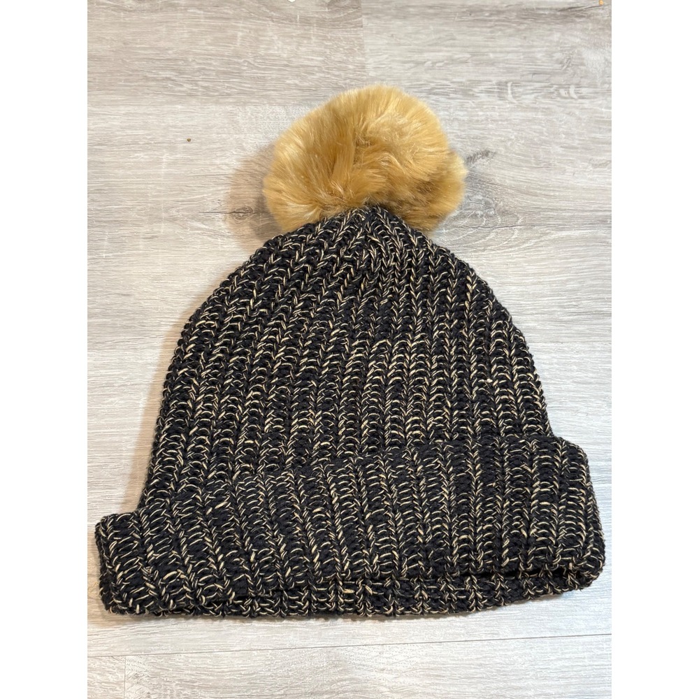 Love Your Melon Black Tan Marled Knit Beanie Faux Fur Pom Pom‎ Hat Made in USA